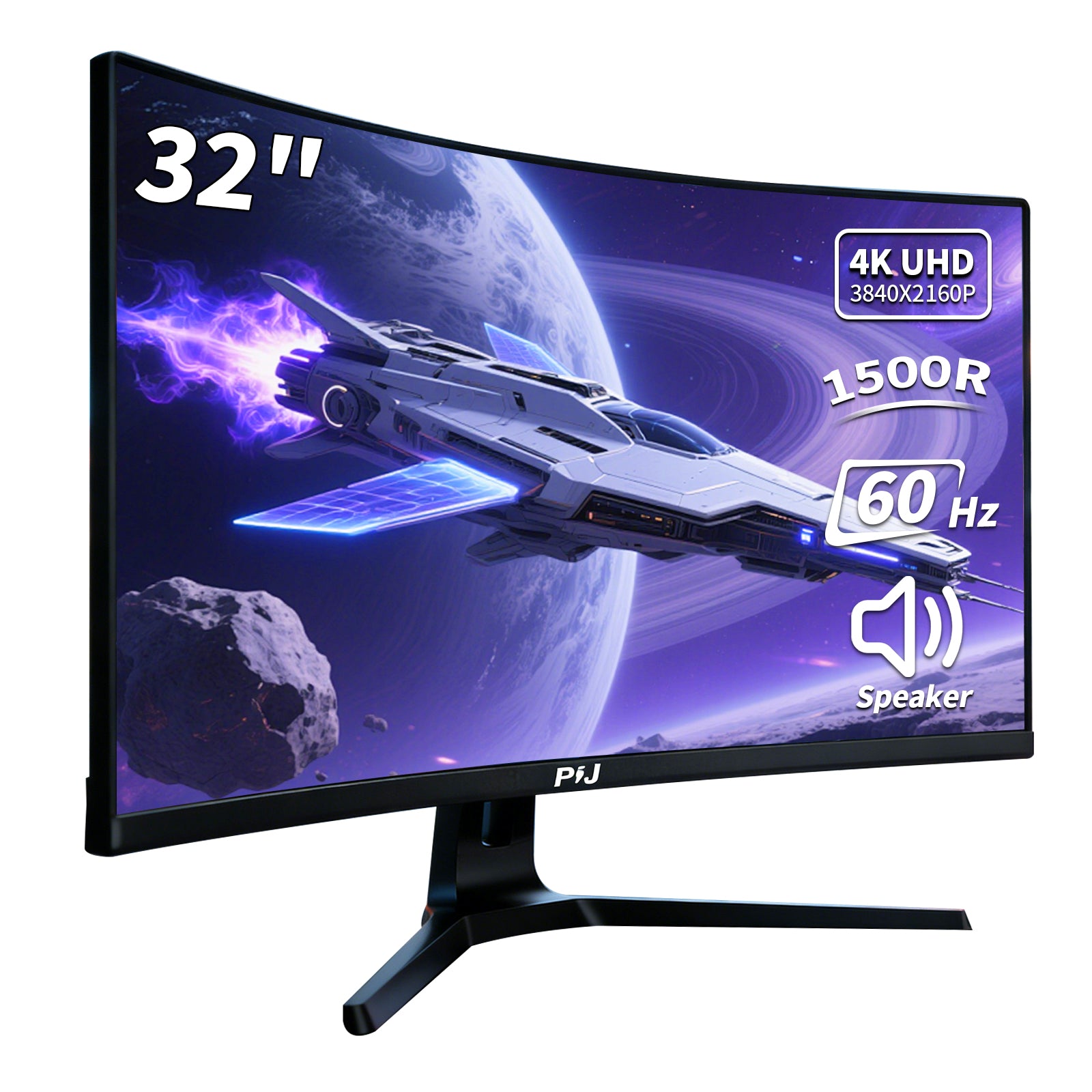 PIJ 32 Inch Curved Monitor 4K 60Hz, UHD PC Monitor Built-in Speakers, Computer Screen for Home Office Business, DP, HDMI, Compatible with Wall mounting 100 * 100MM - Black