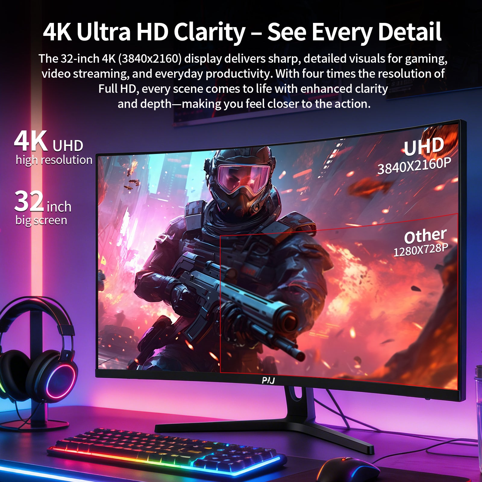 PIJ 32" Curved Gaming Monitor 4K, 160Hz UHD PC Monitor Built-in Speakers, Computer Screen for Home Office Entertainment, DP, HDMI, VA Panel, Compatible with Wall Mounting 75 * 75MM