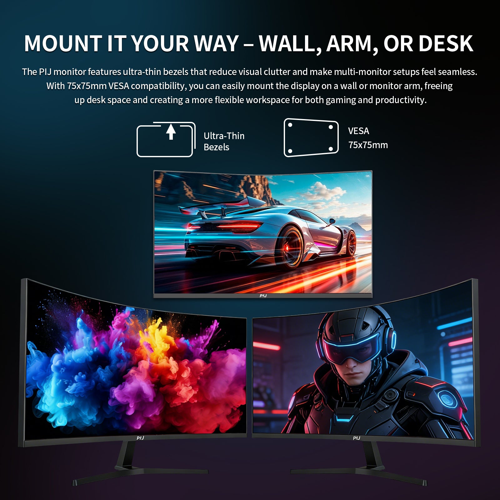 ‌PIJ 27 Inch Curved Gaming Monitor 250Hz, FHD 1080p PC Screen Built-in Speakers, 1800R Computer Monitor with FreeSync, DisplayPort, HDMI, Wall Mountable, Eye Care for Home Office & Gaming