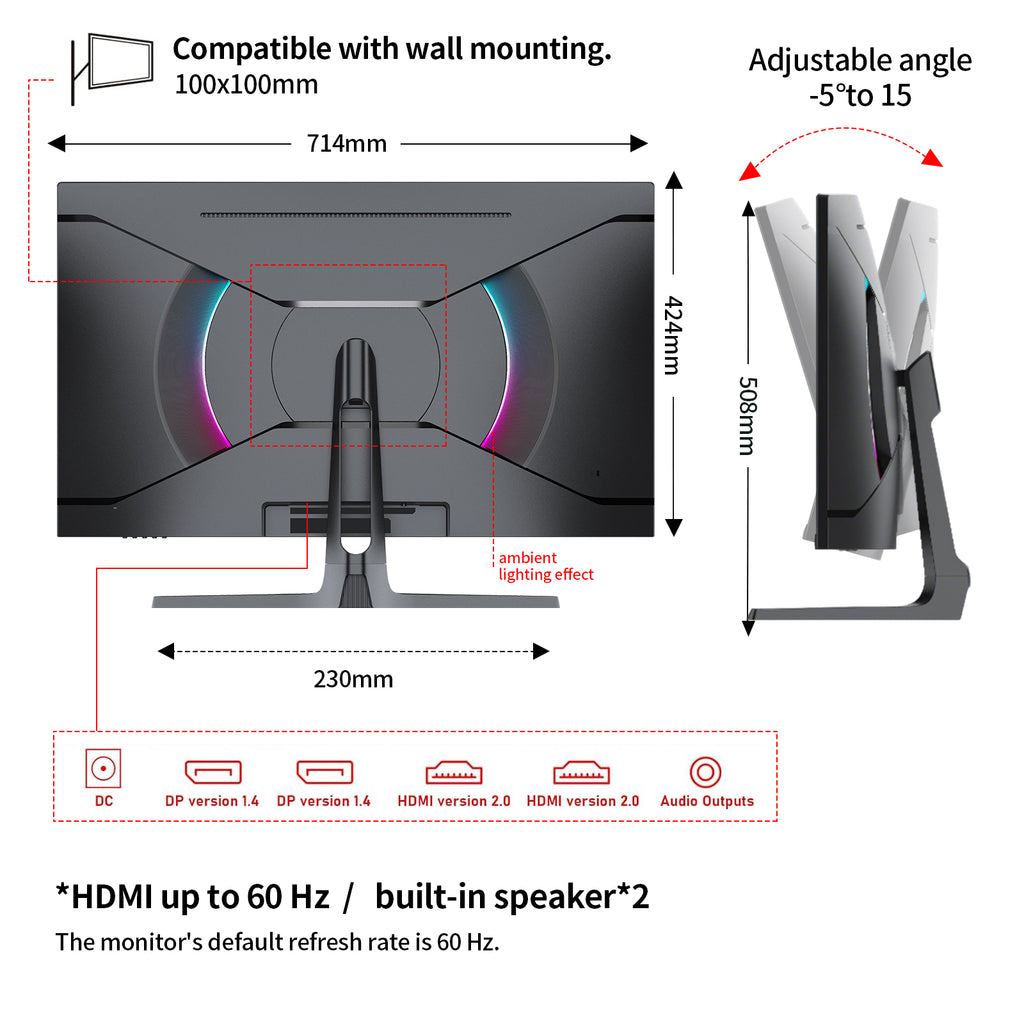 PIJ 32 Inch Curved Monitor 4K 60Hz, UHD PC Monitor Built-in Speakers, Computer Screen for Home Office Business, DP, HDMI, Compatible with Wall mounting 100 * 100MM - Black