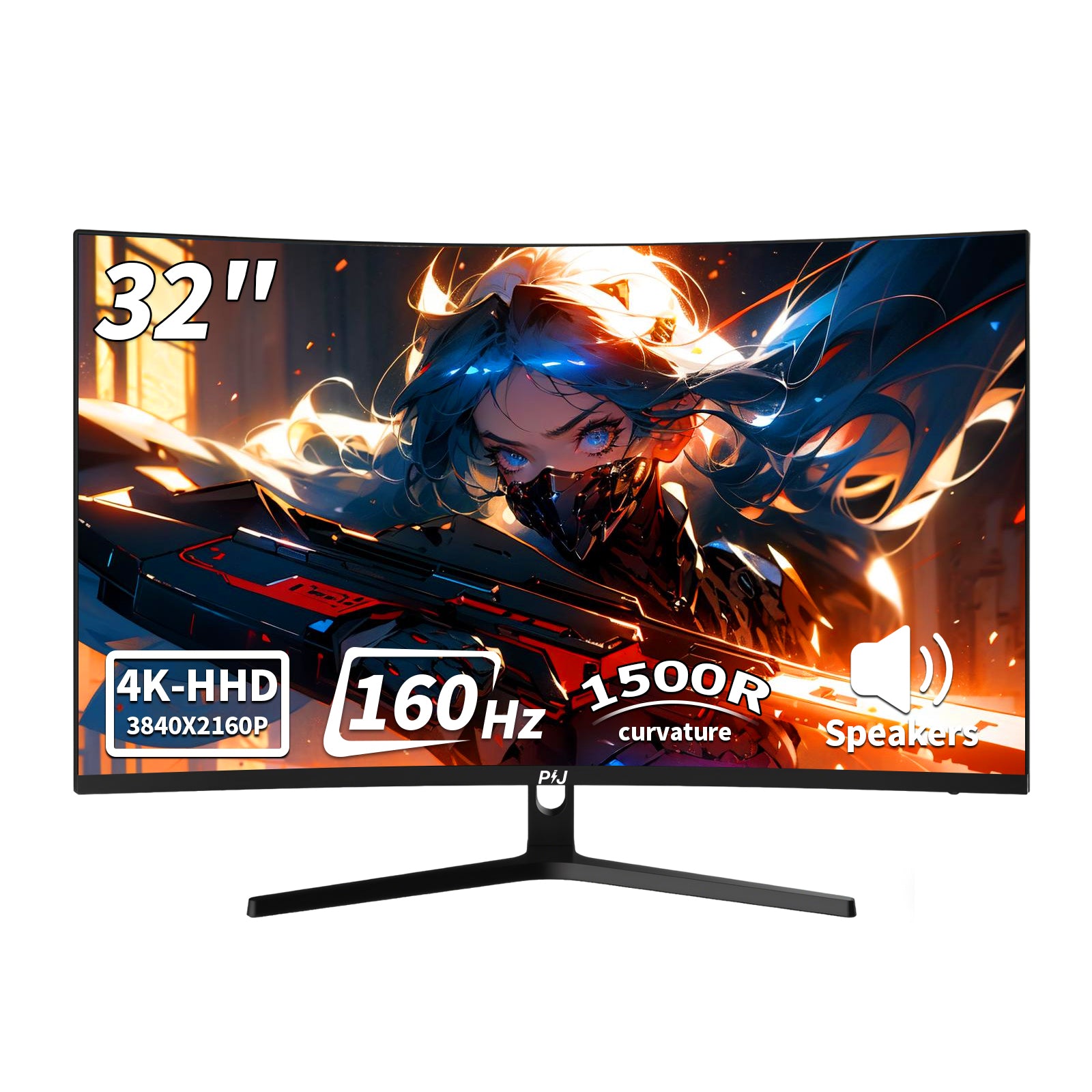 PIJ 32" Curved Gaming Monitor 4K, 160Hz UHD PC Monitor Built-in Speakers, Computer Screen for Home Office Entertainment, DP, HDMI, VA Panel, Compatible with Wall Mounting 75 * 75MM